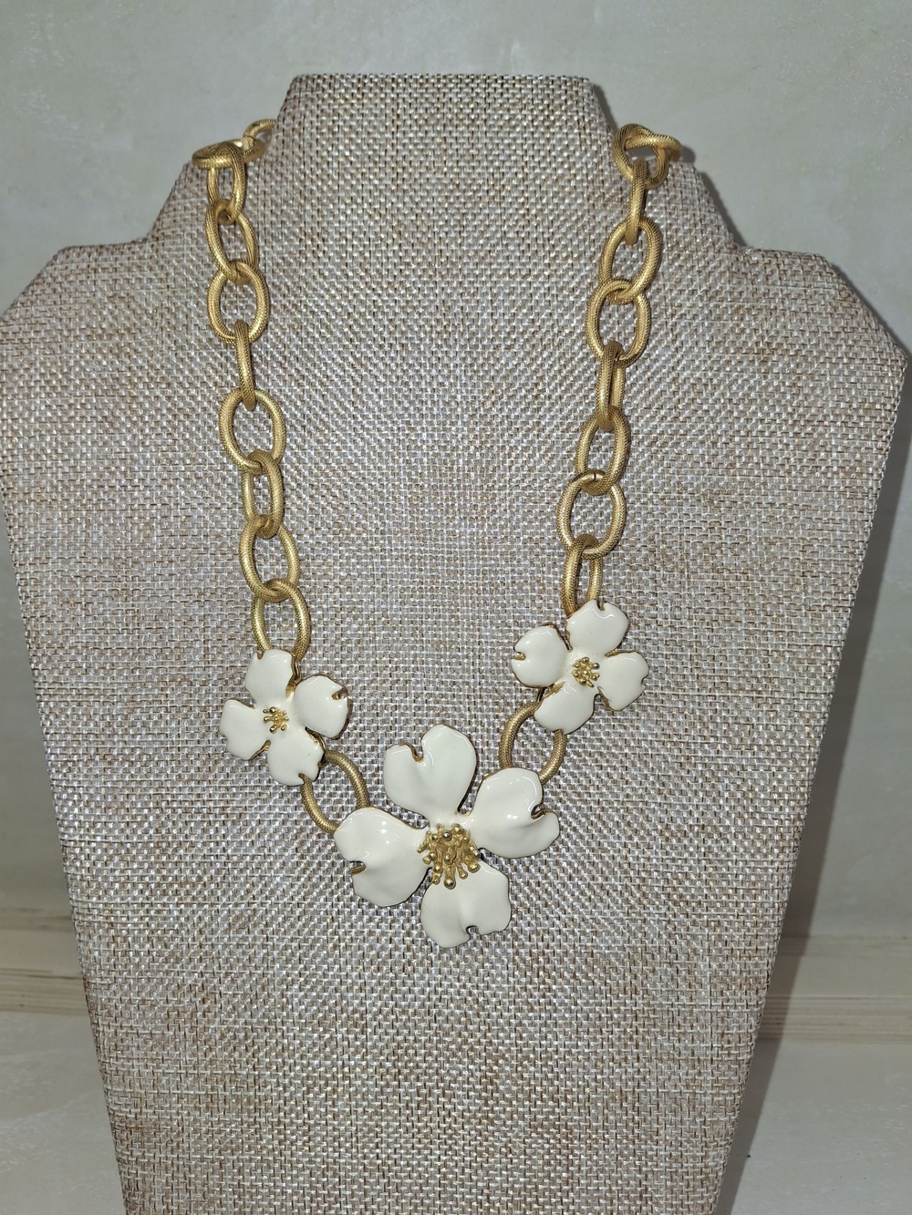 Gold Chain Necklace with Cream Floral Accents - Women's Jewelry